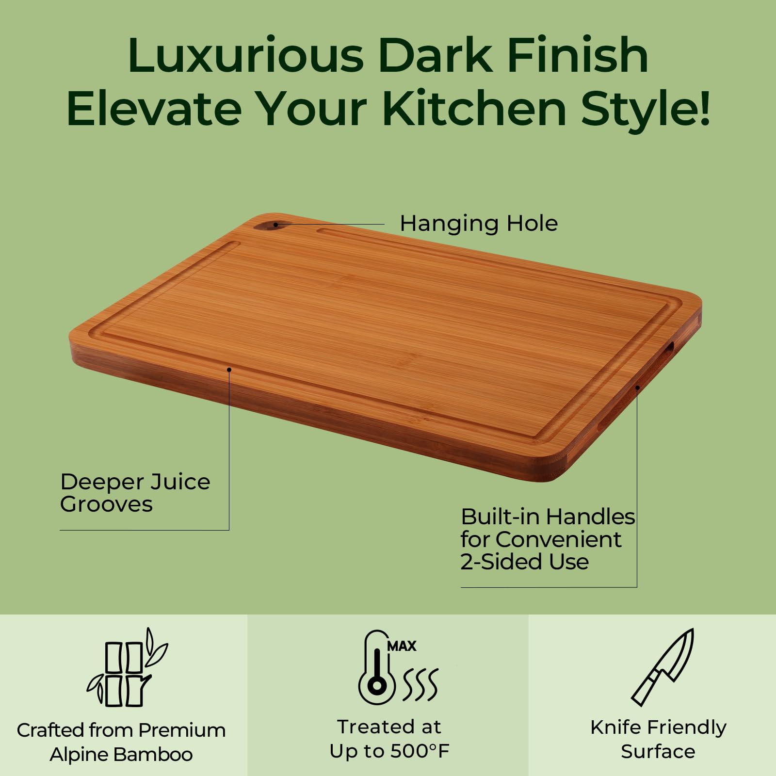 Keechee cutting board with hanging holes, easy air drying and storage.