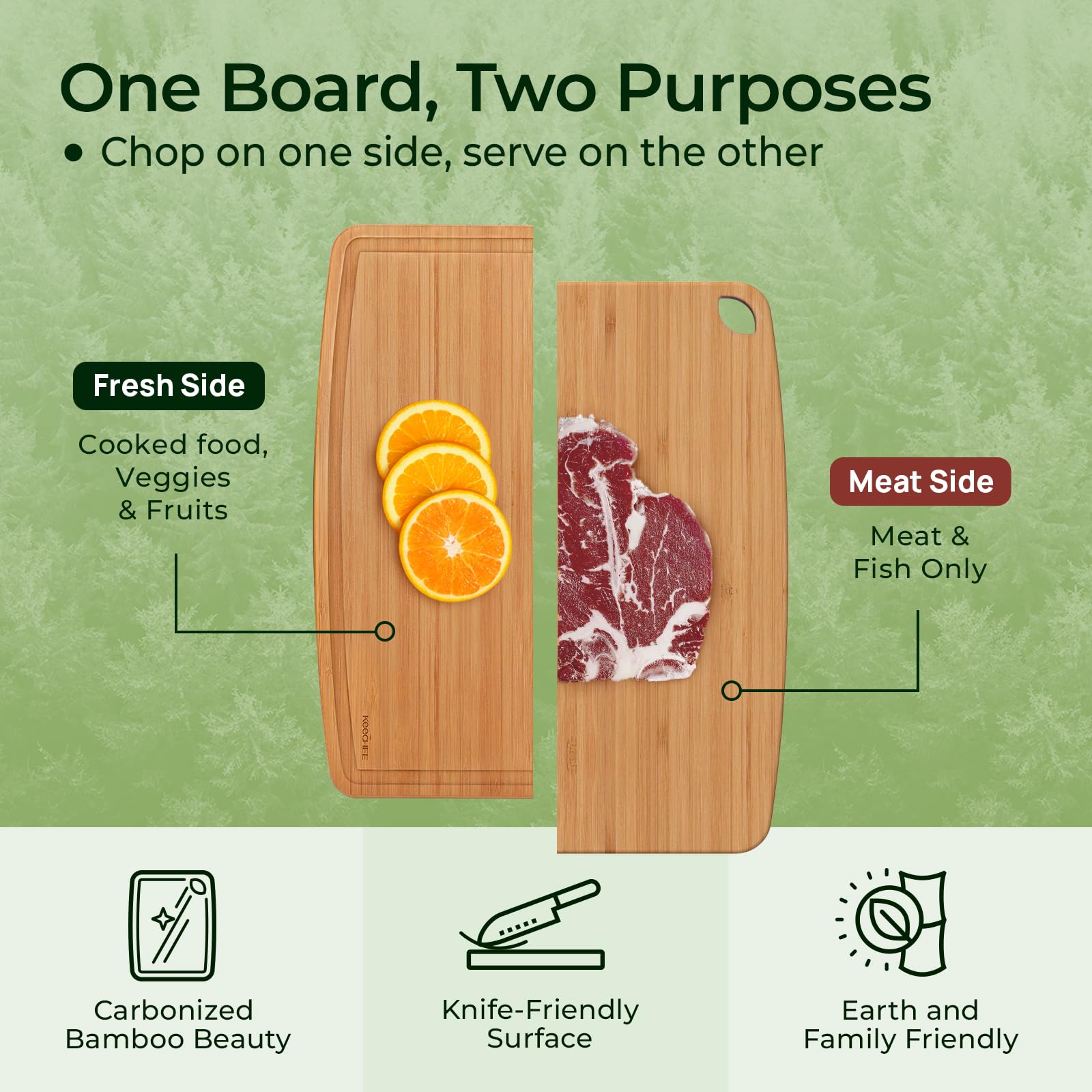 Keechee cutting board with juice groove close-up for tidy liquids.