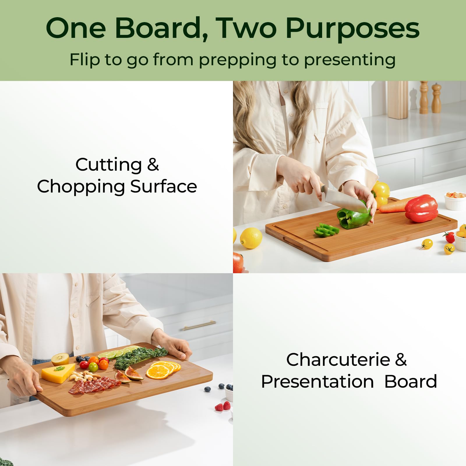 Keechee cutting board with juice groove and handles for easy transfer and mess containment.