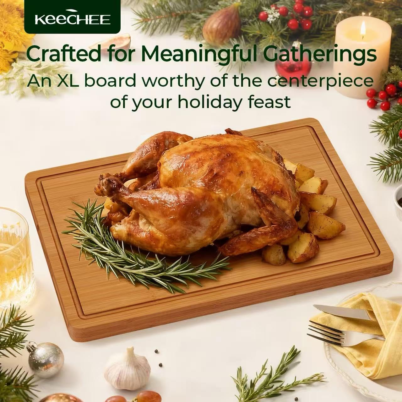Keechee bamboo board two-sided use to maximize longevity and kitchen versatility.