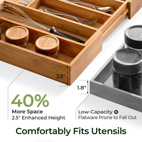 Keechee deep drawer organizer with 2.5 inch depth for bulky utensils.