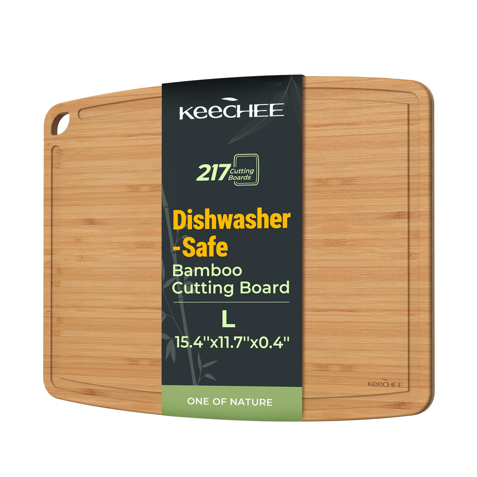 Keechee dishwasher-safe bamboo cutting board in top view for easy cleaning and everyday prep.