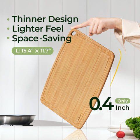 Keechee dual-sided cutting board designed for prep and serving in one piece.