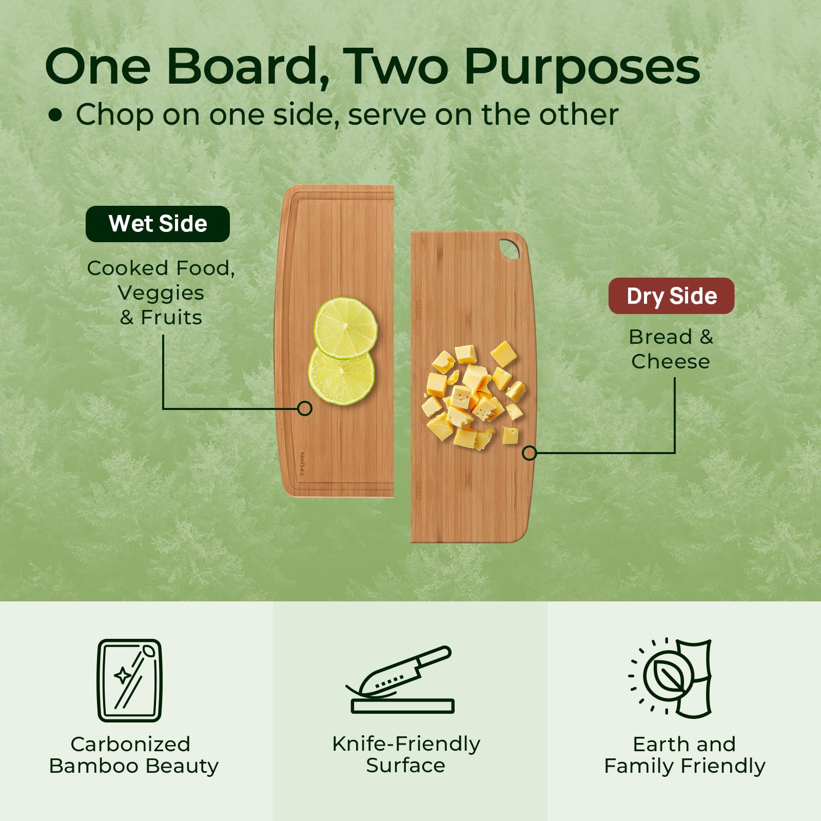 Keechee dual-sided design offers hygienic prep and elegant serving surfaces.