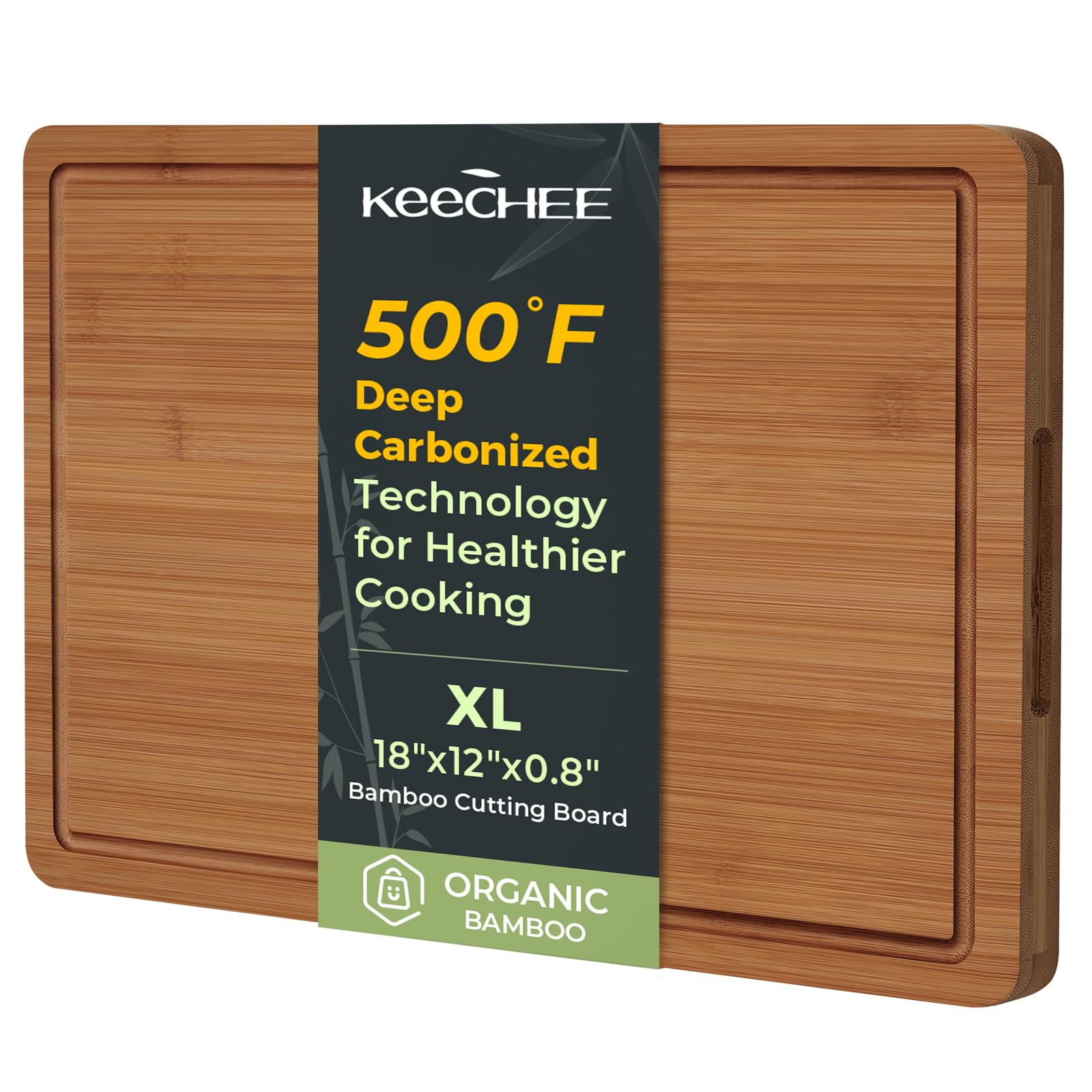 Keechee extra-large bamboo cutting board 18x12 inches for versatile prep of meats and produce.