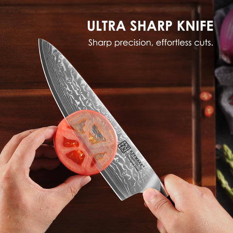 KEEMAKE 67-layer Damascus blade with VG10 core for lasting sharpness.