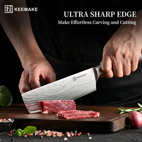 KEEMAKE Meat Cleaver 7-inch in action, chopping meat and ingredients