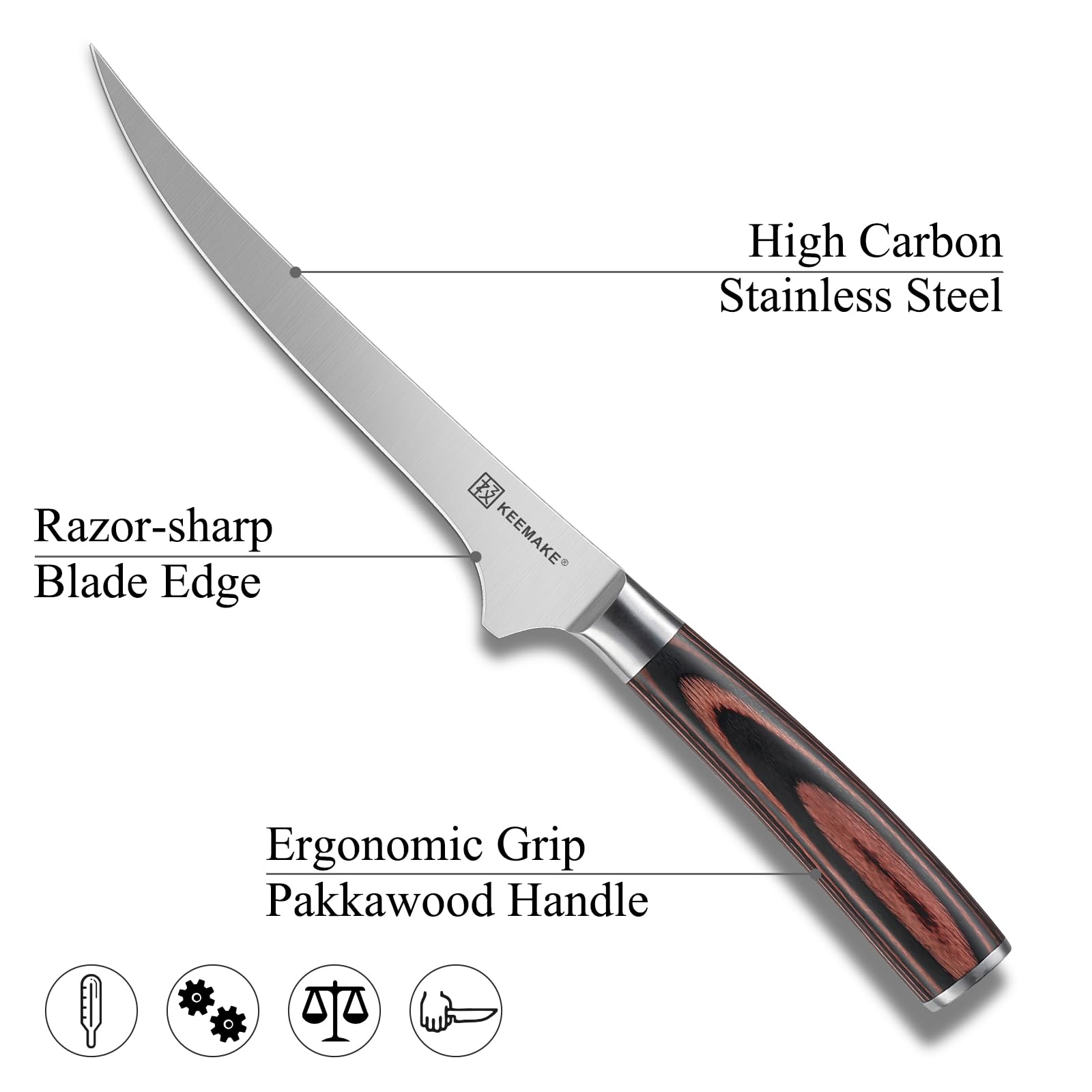 KEEMAKE Pakkawood handle provides secure, comfortable grip during prep.