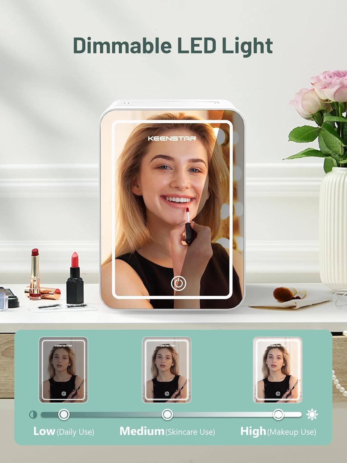 KEENSTAR skincare fridge interior shows three brightness levels for precise makeup application.