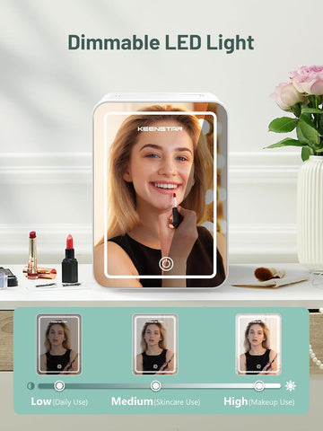 KEENSTAR skincare fridge interior shows three brightness levels for precise makeup application.