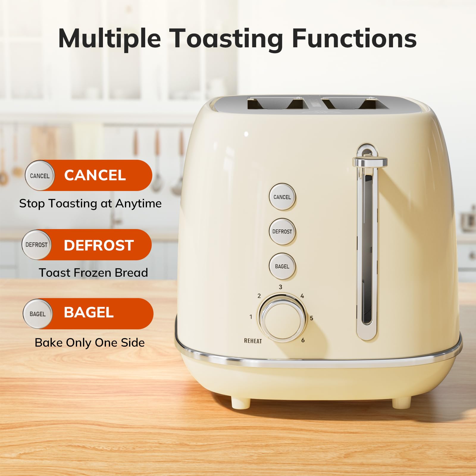 Keenstone 2-slice toaster beige side view highlighting extra-wide 1.5 inch slots for thick slices.