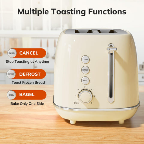 Keenstone 2-slice toaster beige side view highlighting extra-wide 1.5 inch slots for thick slices.