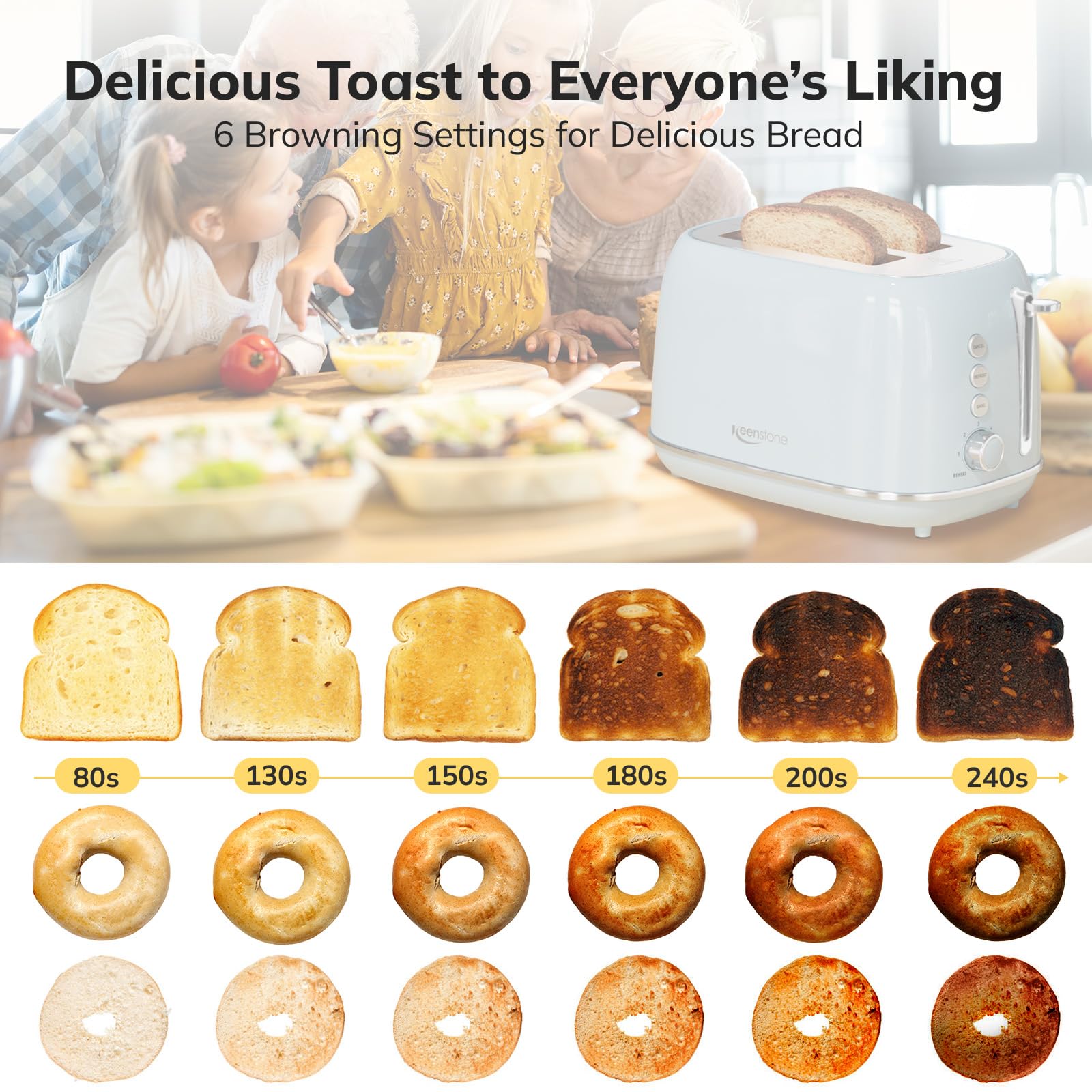 Keenstone toaster highlights six browning settings for customizable toast.