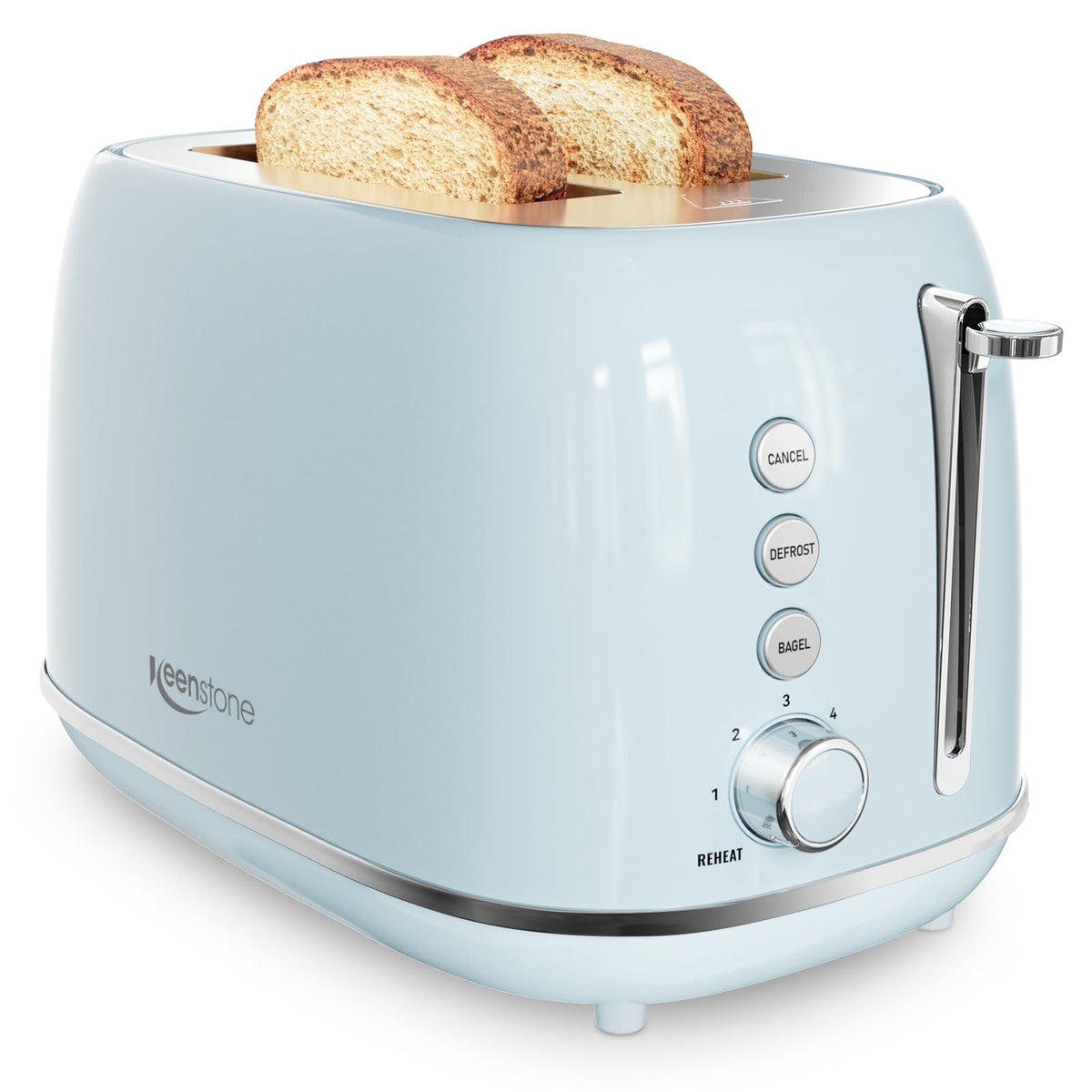Keenstone Retro toaster blue front view with safe cool-touch housing.