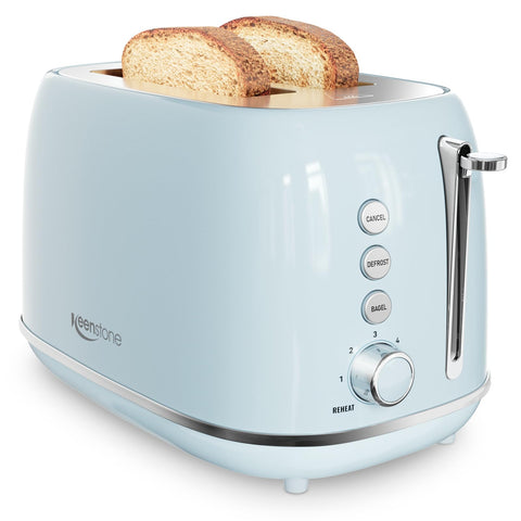 Keenstone Retro toaster blue front view with safe cool-touch housing.