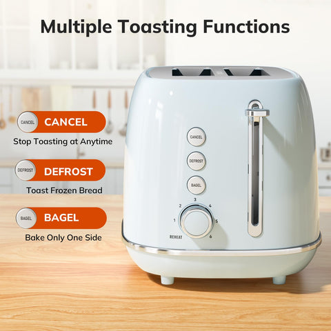 Keenstone Retro toaster blue side angle showing 2-slice capacity.