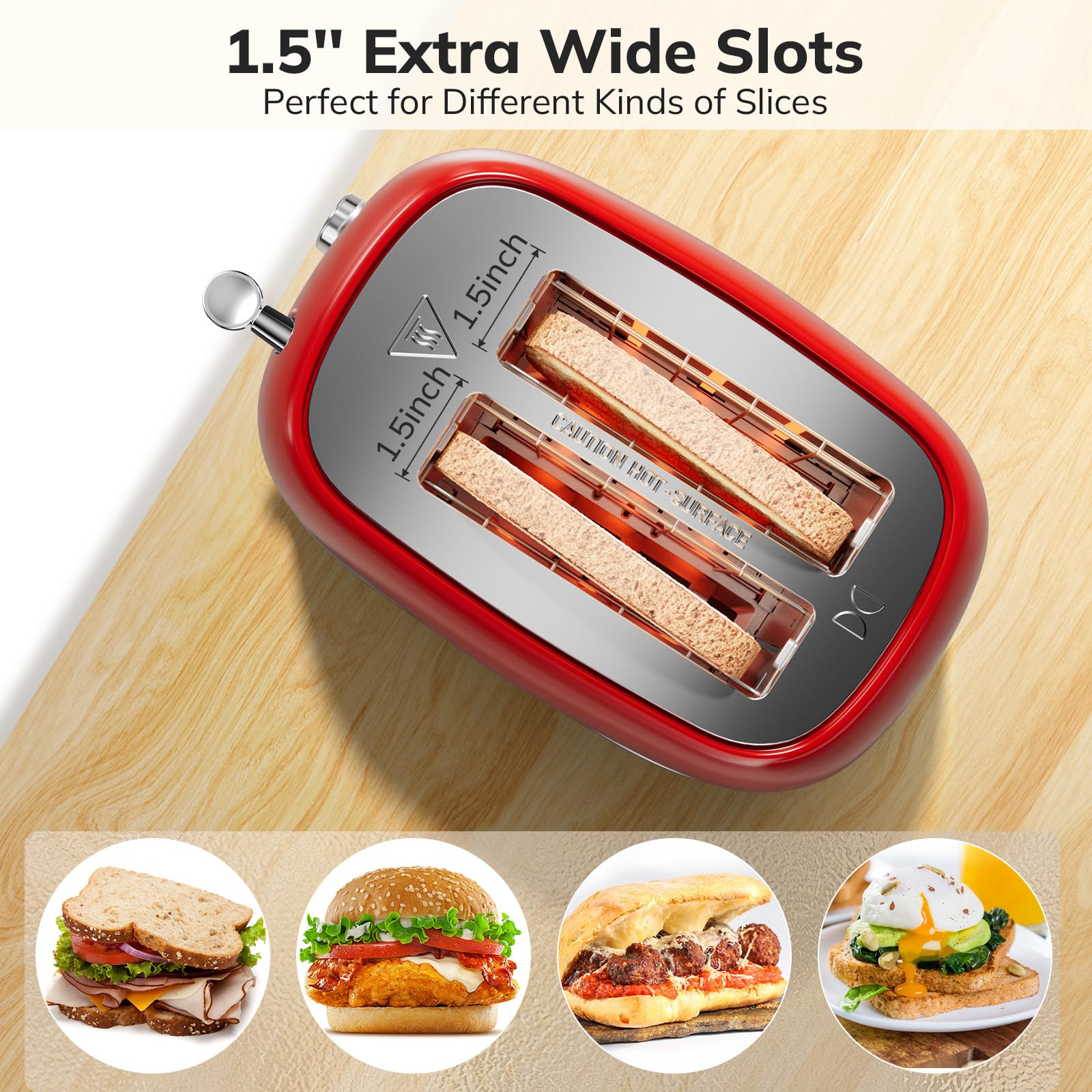 Keenstone red toaster with defrost function to revive frozen bread evenly.