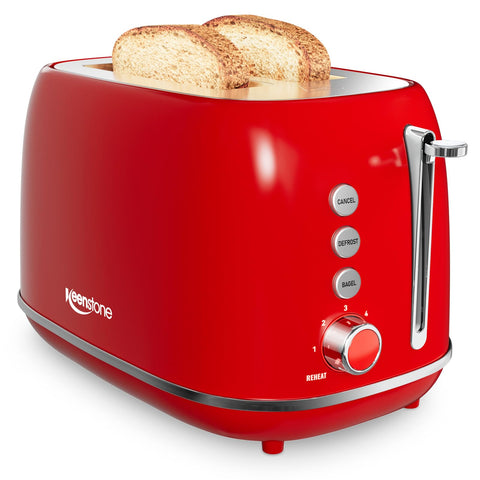 Keenstone retro 2-slice toaster front view with durable stainless steel and red finish.