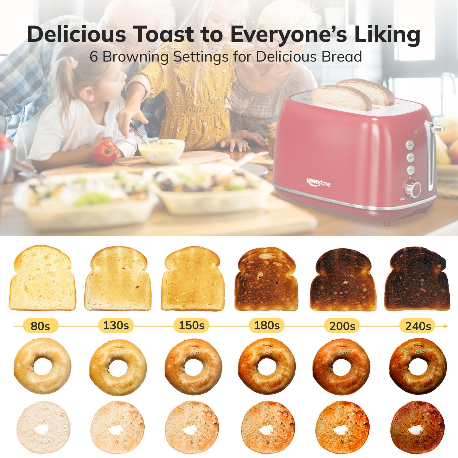 Keenstone 2-slice toaster with bagel function for crispy, even-toasted results.