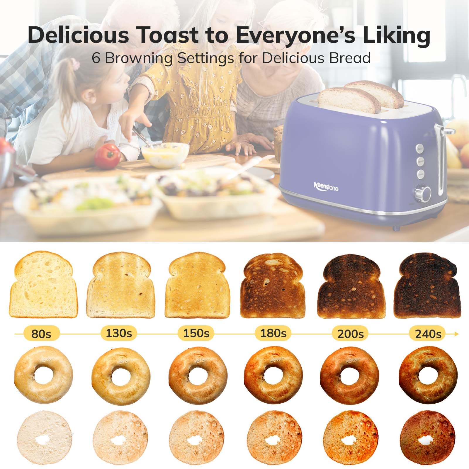 Keenstone toaster defrost function image shows thawed bread for soft, fluffy slices.