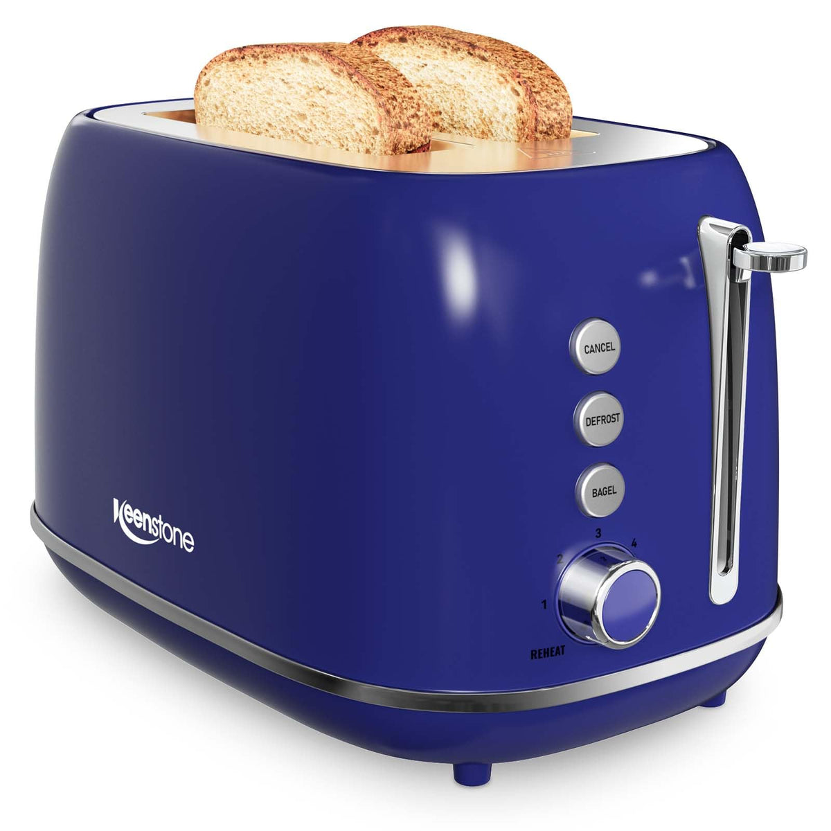 Keenstone Retro 2-Slice Toaster exterior blue showcases stylish, space-saving breakfast prep.