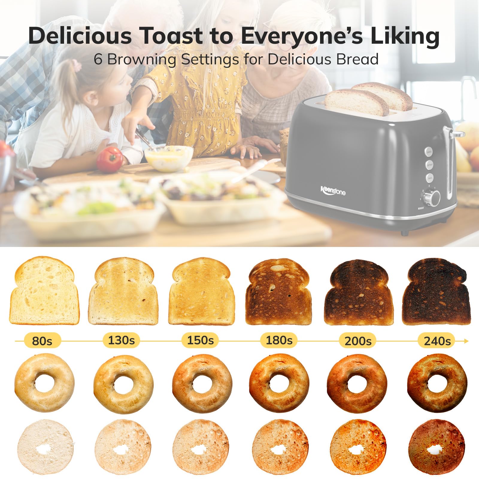Keenstone Retro 2-Slice Toaster with bagel function for even bagel toasting.