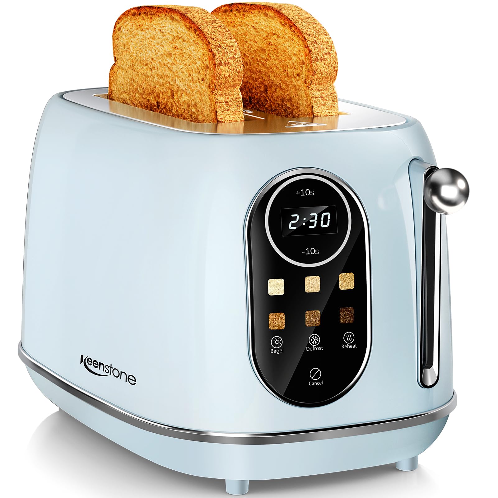 Keenstone Smart Toaster front view with blue finish for quick, precise toasting.