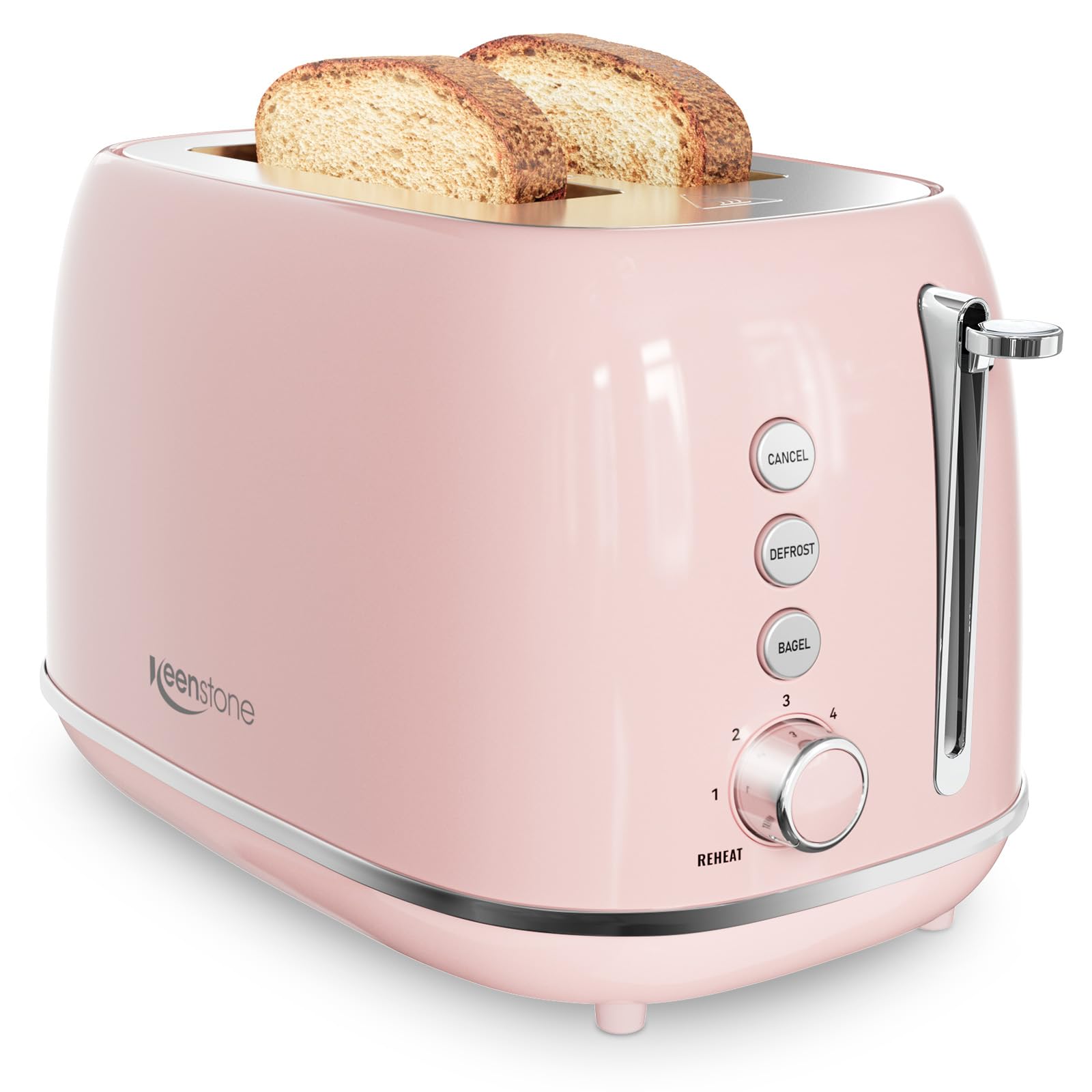 Keenstone 2-Slice Pink Toaster front view with extra-wide slots for bagels and toast