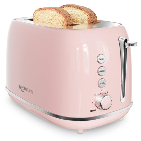 Keenstone 2-Slice Pink Toaster front view with extra-wide slots for bagels and toast