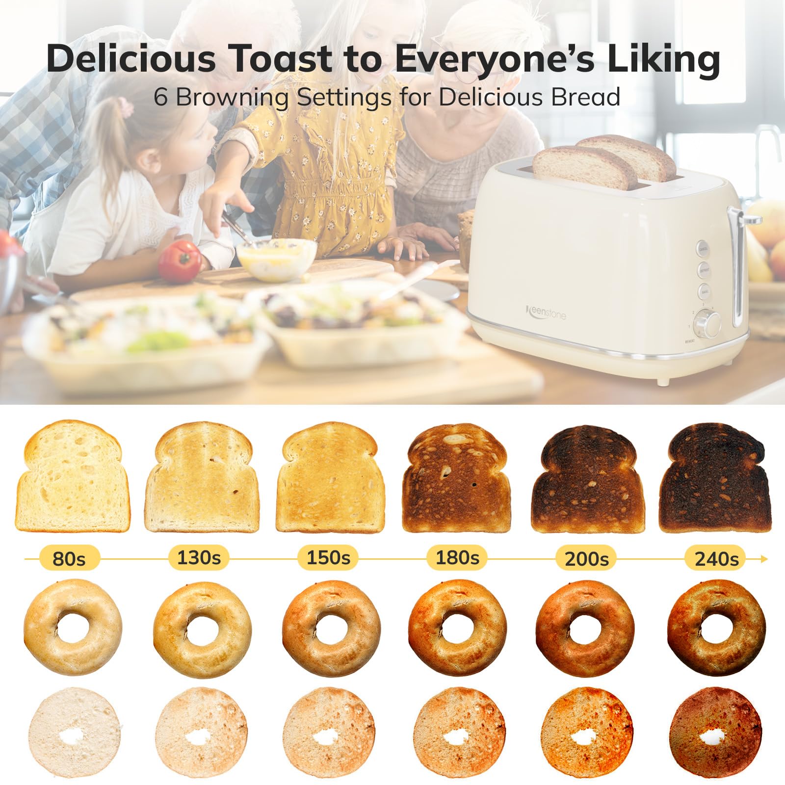 Keenstone toaster controls and defrost function for versatile breakfast options.