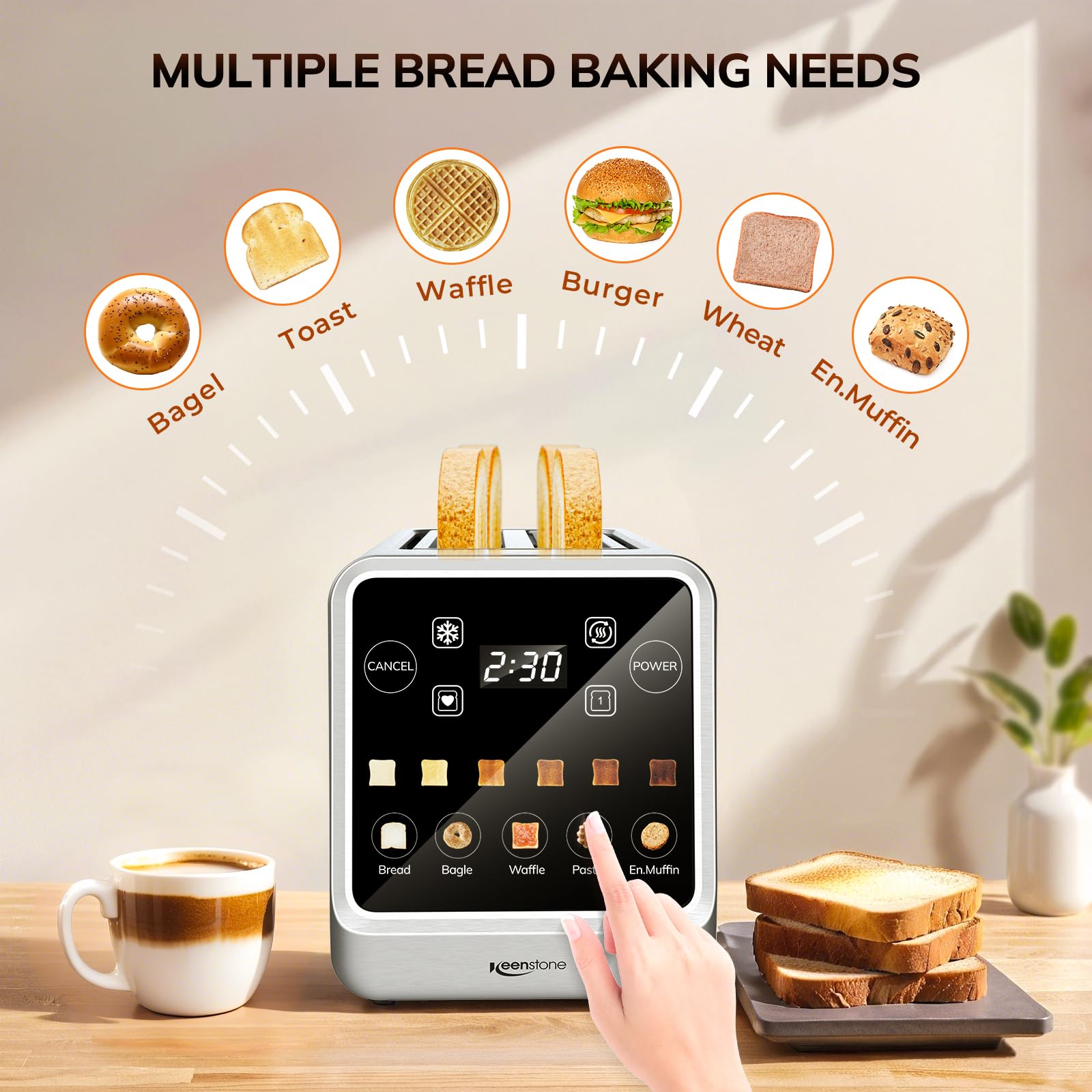 Keenstone toaster defrost and reheat panel speeds up frozen slices.