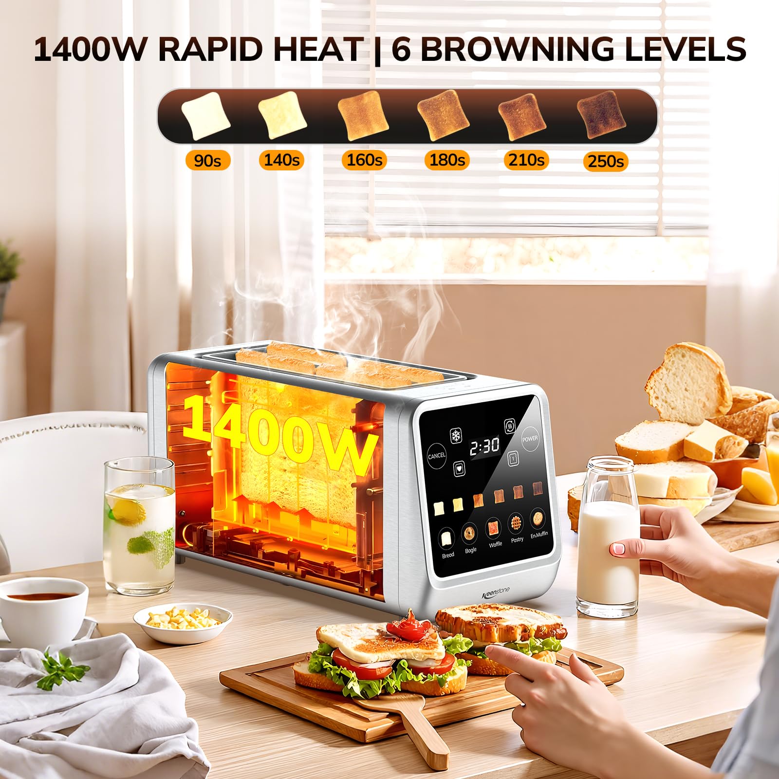 Keenstone toaster single-slice mode ensures even toast in one occupied slot.