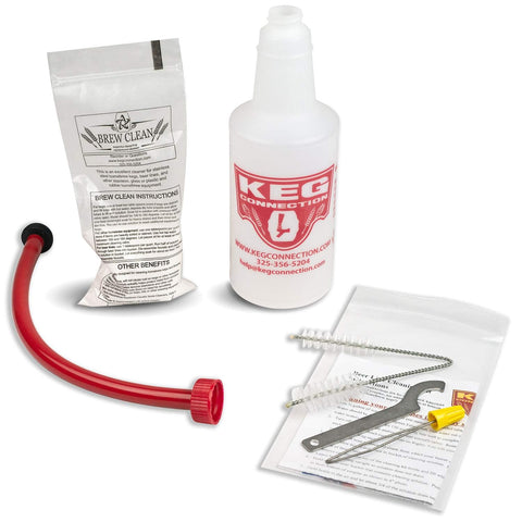 Kegconnection cleaning kit contents shown for easy home keg line maintenance.