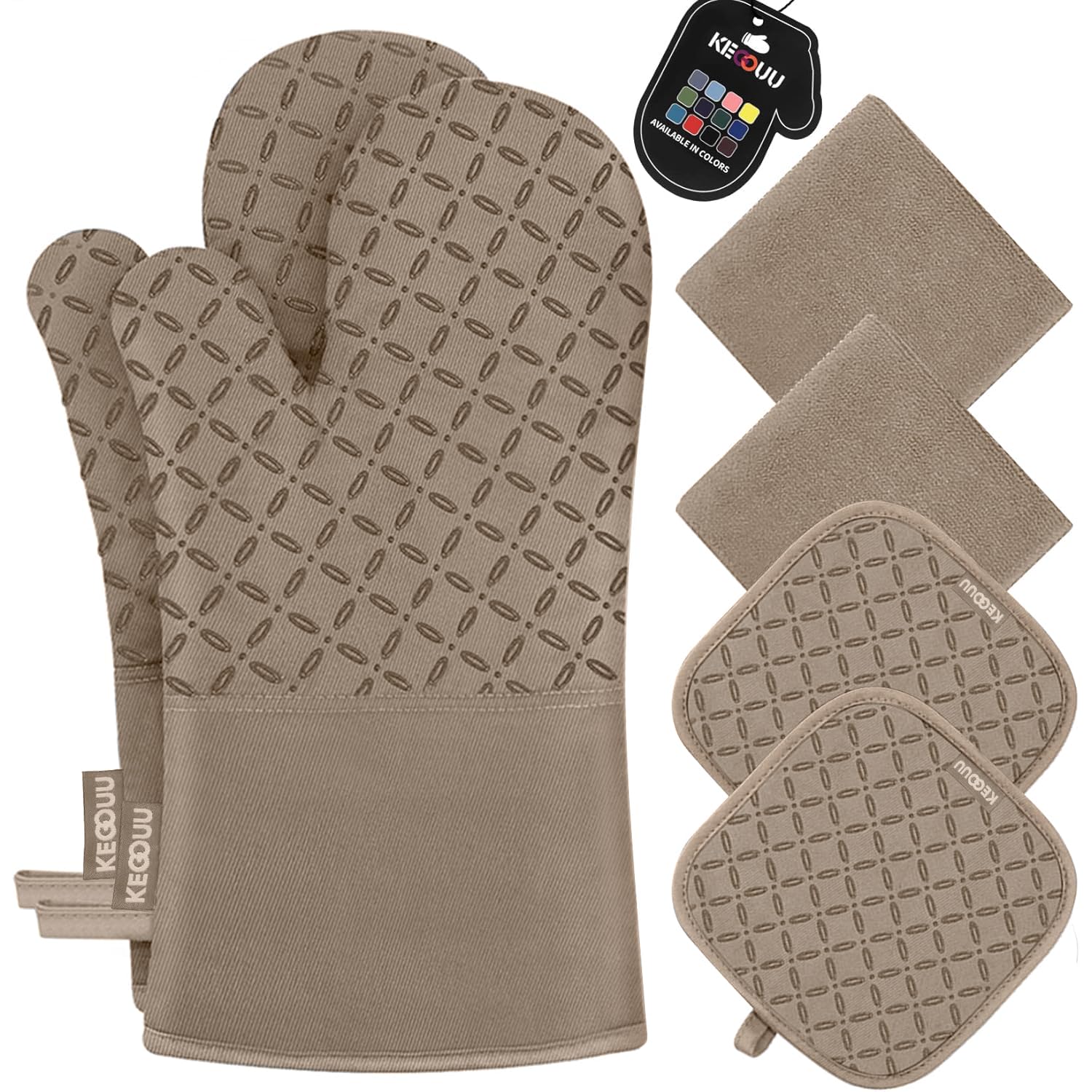 KEGOUU oven mitts with a non-slip silicone grip for secure handling of hot pans.
