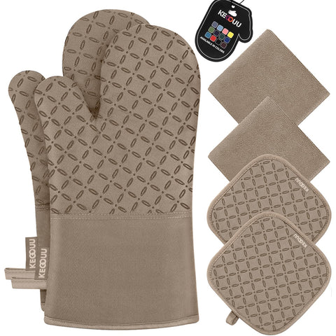 KEGOUU oven mitts with a non-slip silicone grip for secure handling of hot pans.