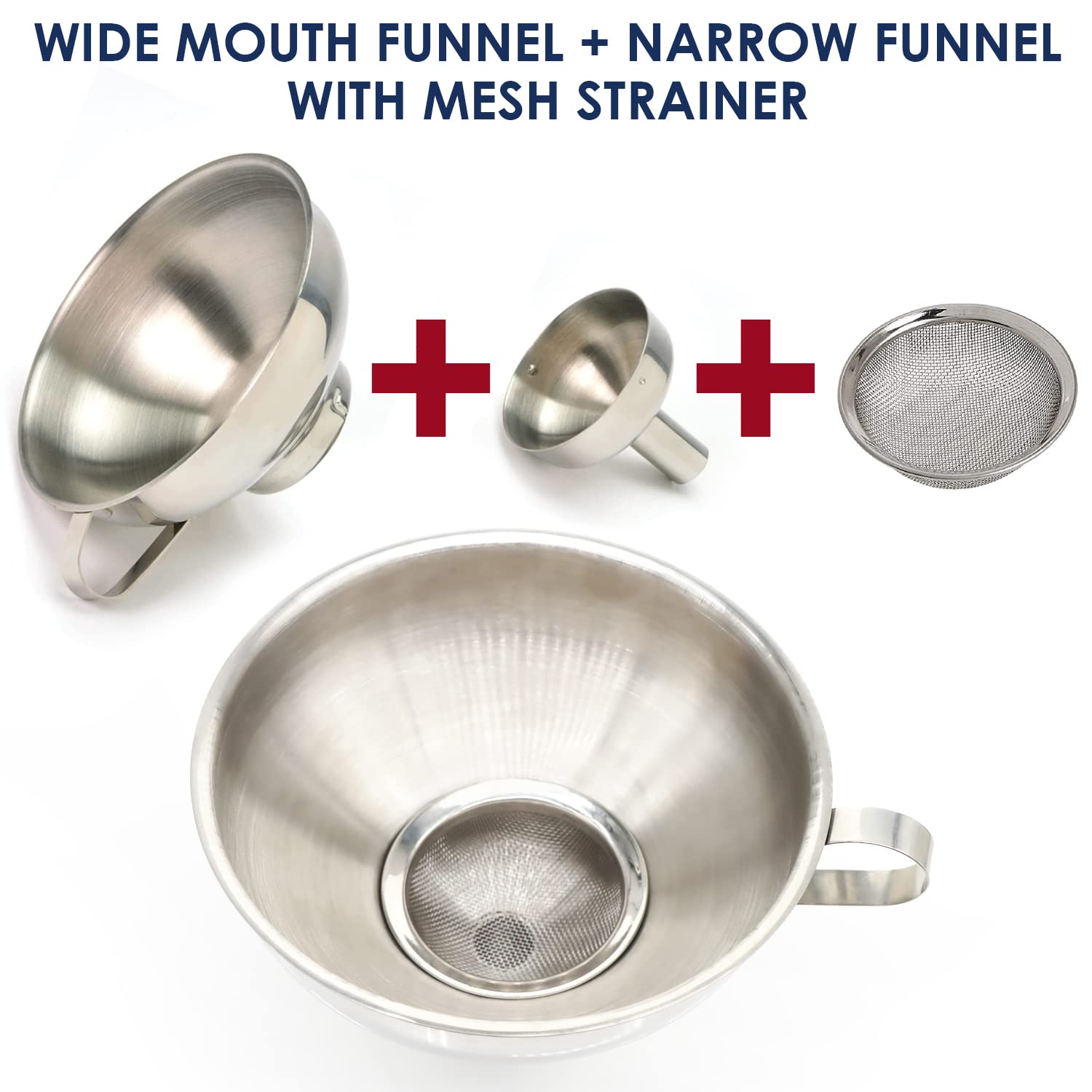 KEISSCO stainless steel 4-piece funnel set shown for versatile kitchen tasks