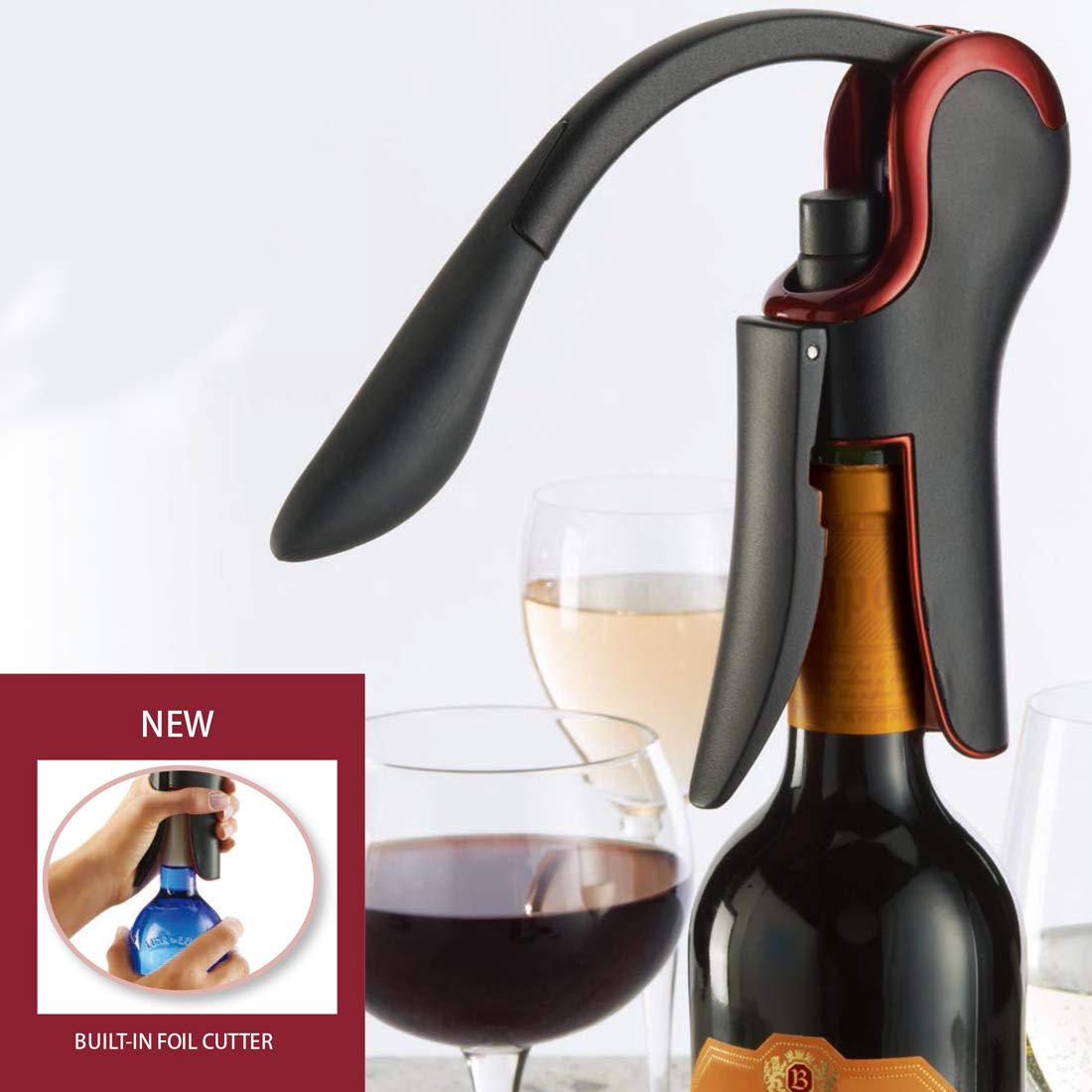 Precision lever-pull mechanism pops corks with minimal effort.