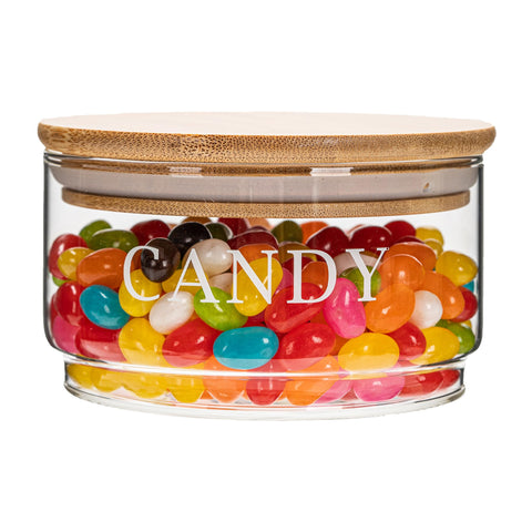 KEKEHOME 11oz glass candy dish with lid showcases colorful candies for elegant display