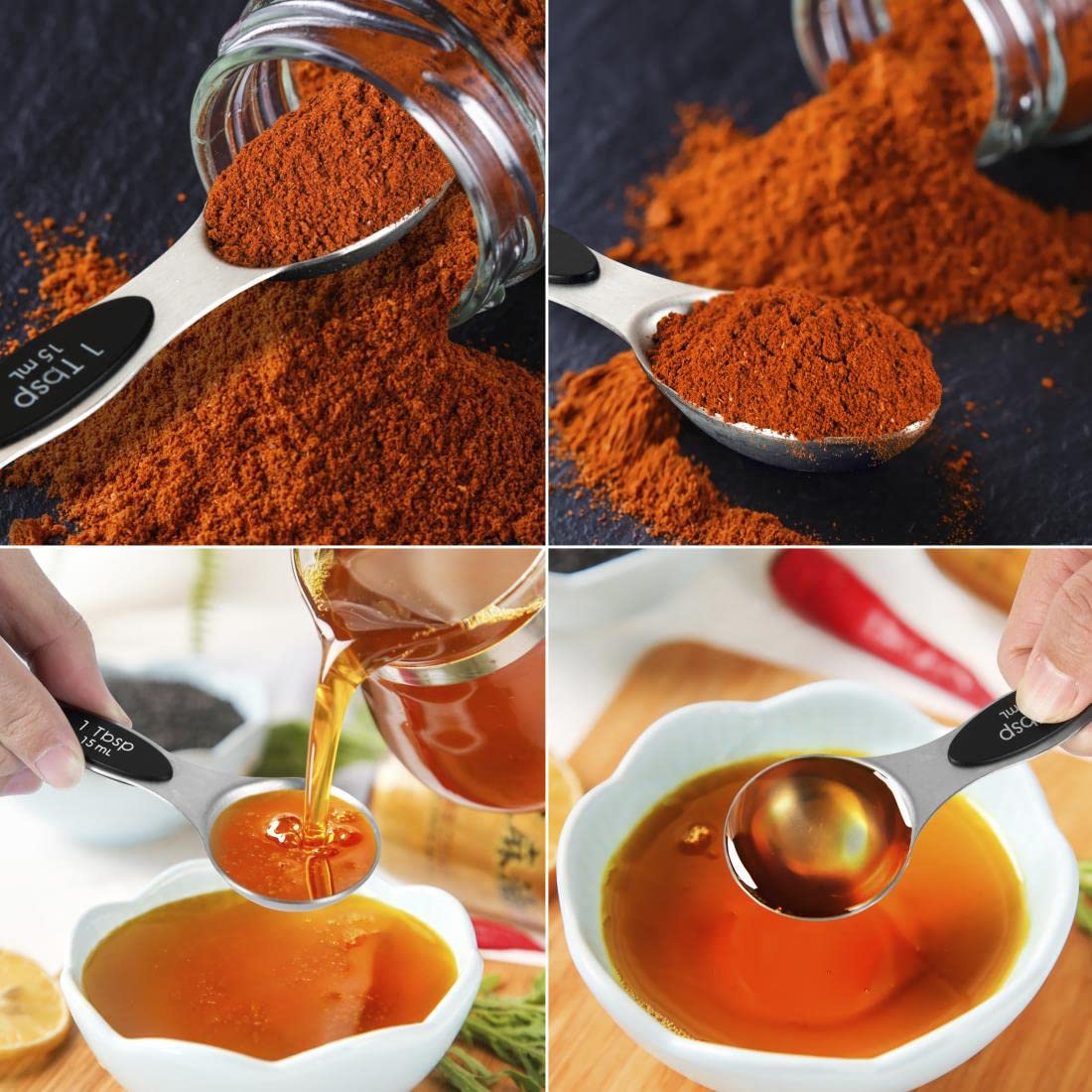 KELOFKO double-sided magnetic spoons for versatile measurements in spices and liquids.
