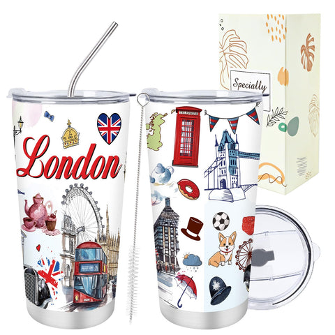 Keluna London 20oz tumbler with iconic landmarks for stylish city sipping.