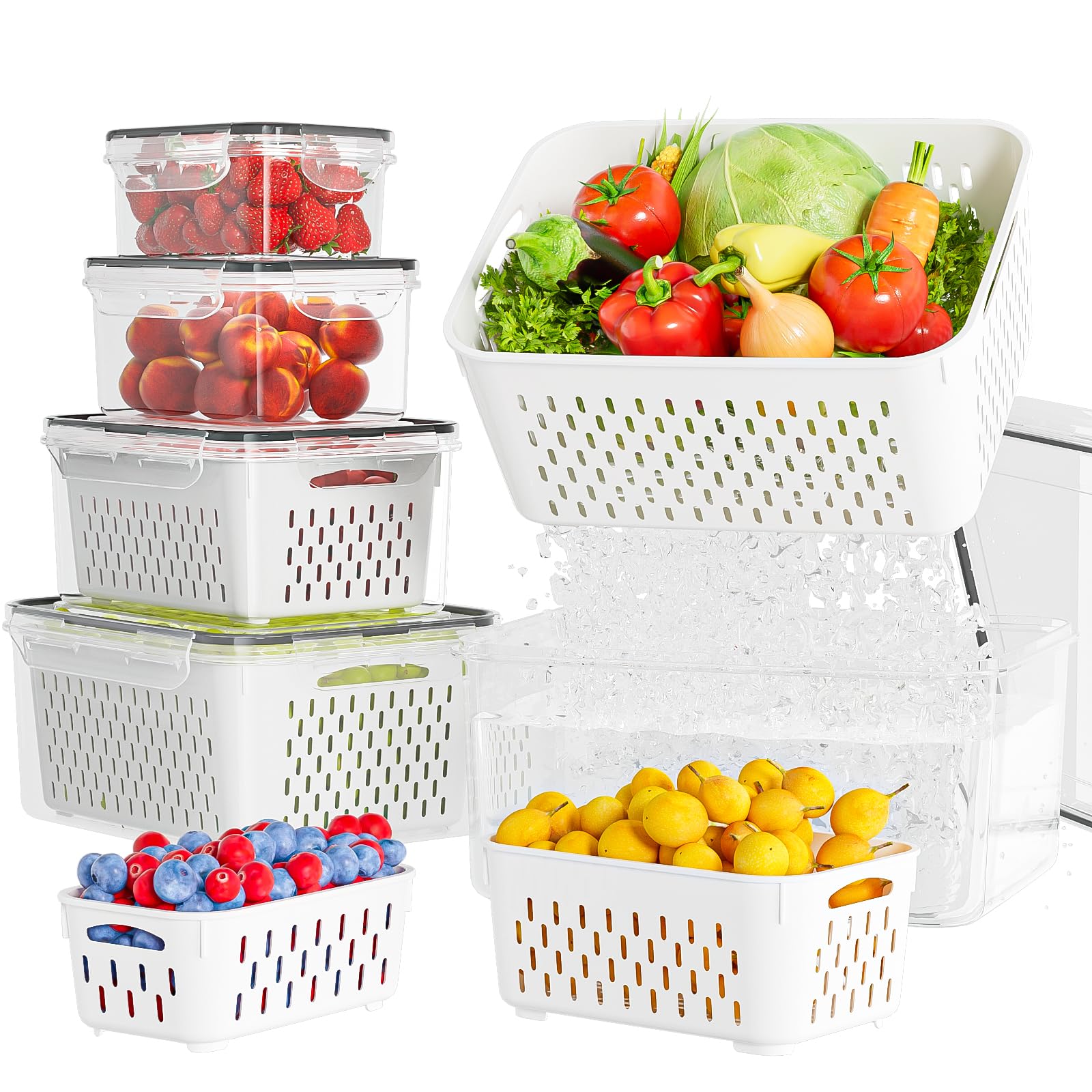 KEMETHY 5-pack fruit storage containers with removable colanders for washing and drainage