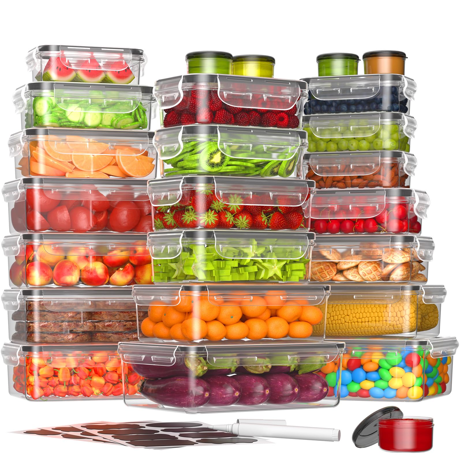 KEMETHY 50-piece containers with lids for airtight pantry storage