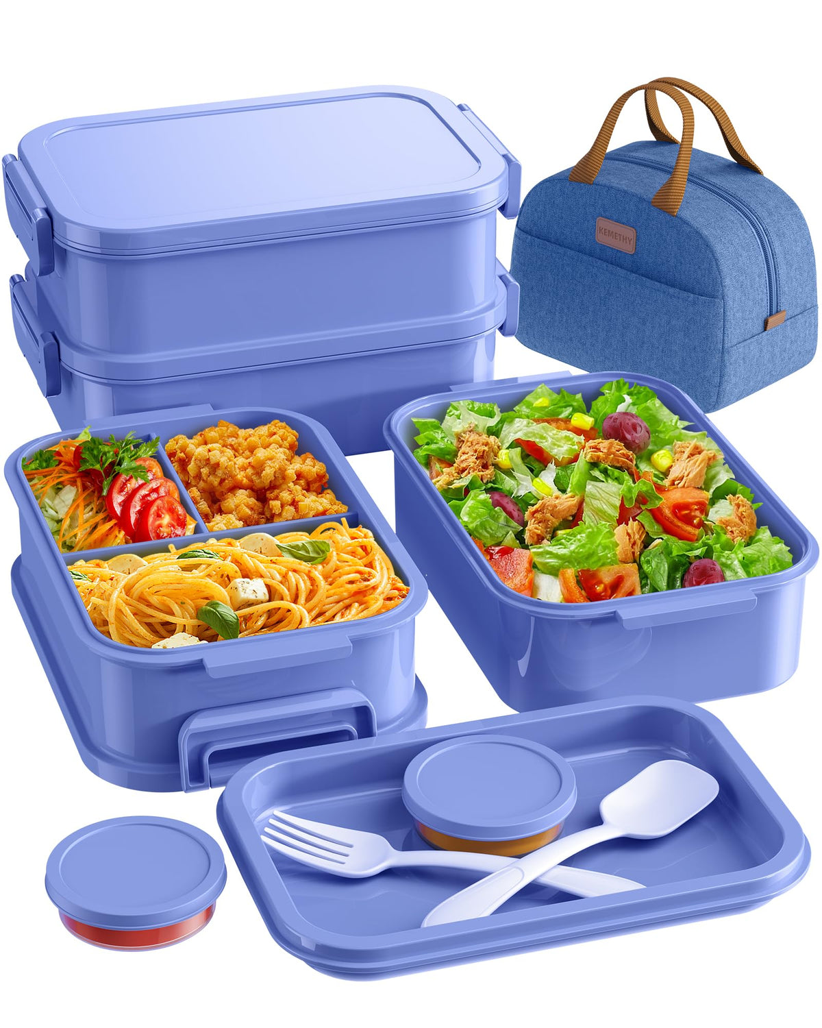 KEMETHY Bento 3-tier stackable front view, ideal for organized meals on the go.
