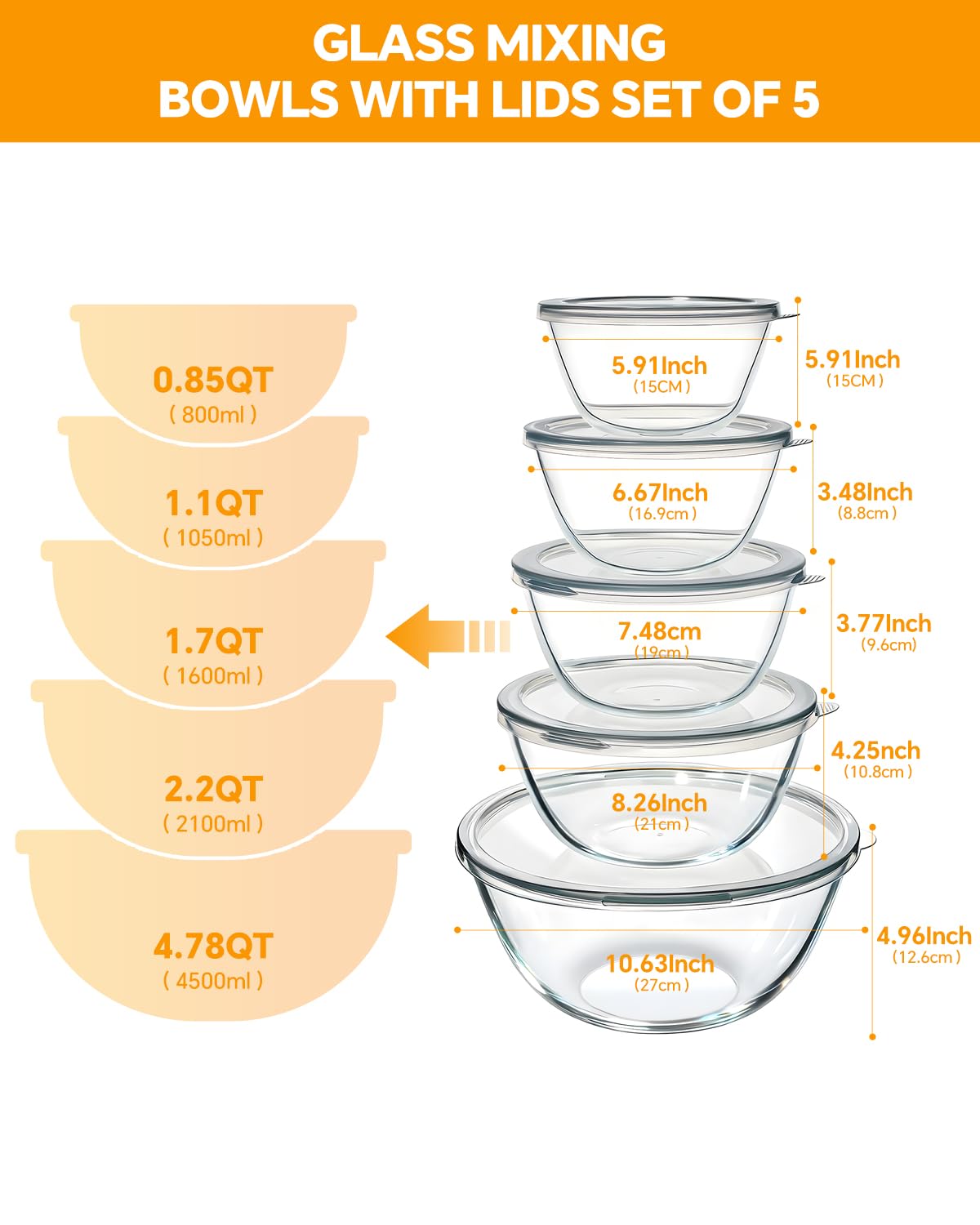 KEMETHY glass mixing bowls 0.85QT with lid, ideal for toppings or snacks.