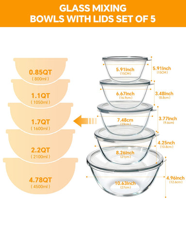 KEMETHY glass mixing bowls 0.85QT with lid, ideal for toppings or snacks.