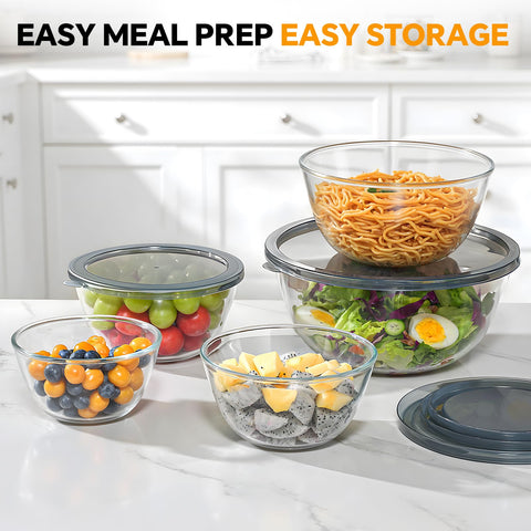 KEMETHY glass mixing bowls 2.2QT with lid, perfect for batters and marinades.