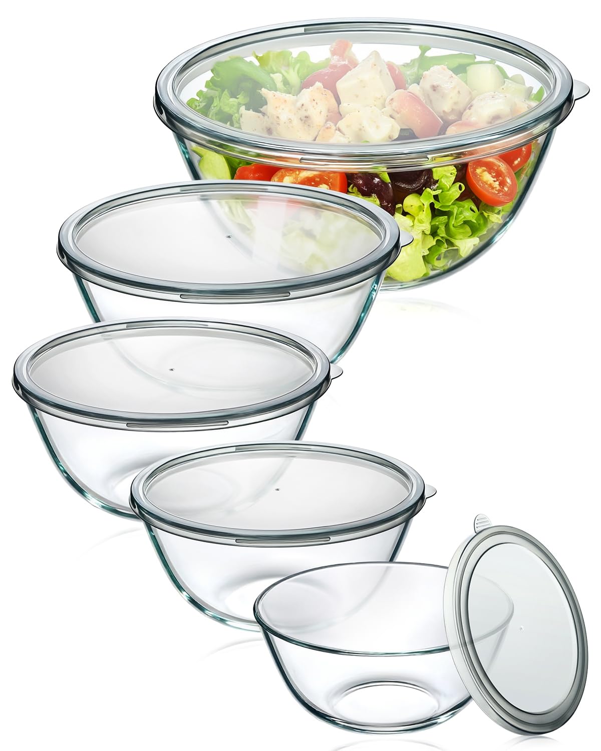 KEMETHY glass mixing bowls 4.78QT with lid, ideal for large salads.