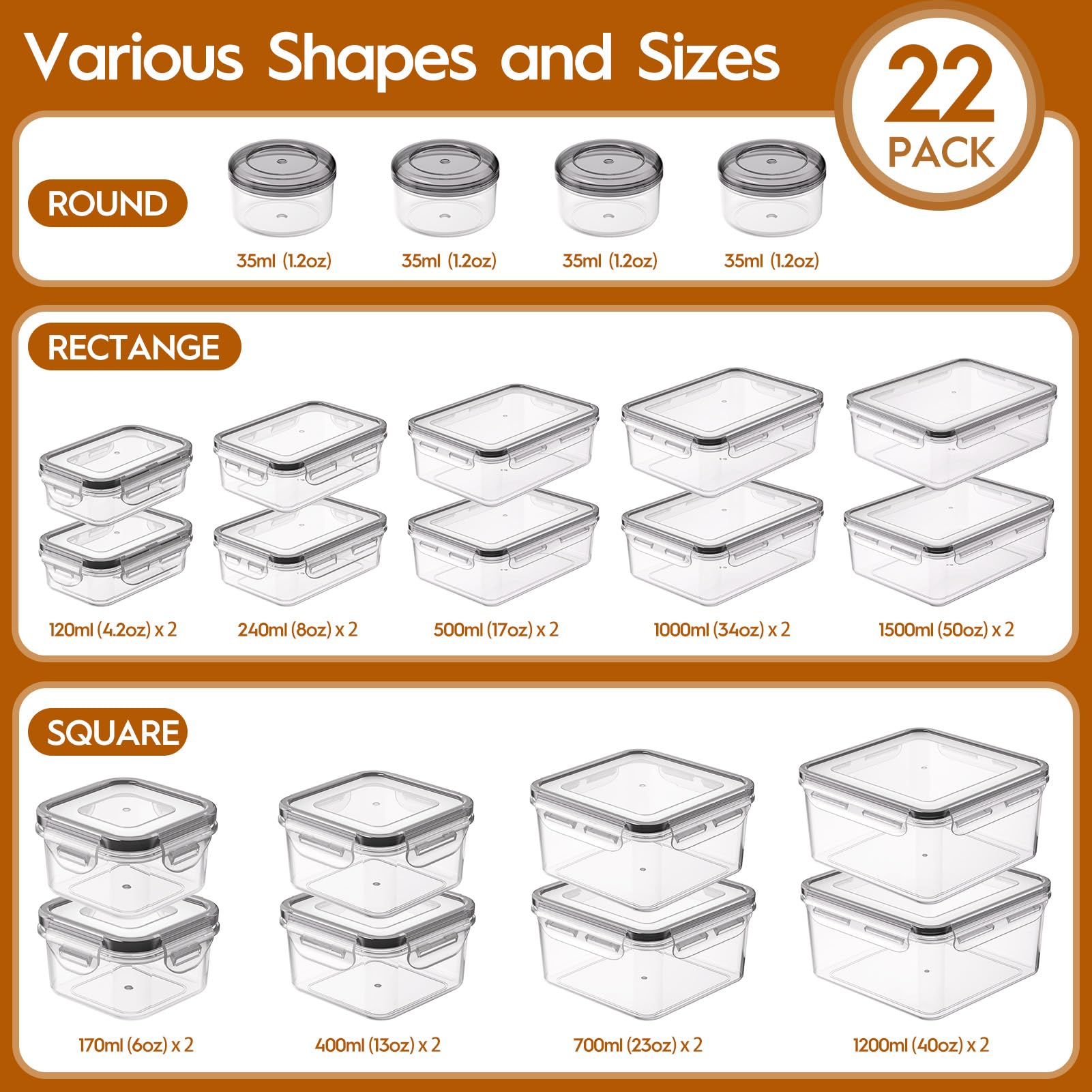 Kemethy rectangular containers with lids in varied sizes for versatile meal prep.