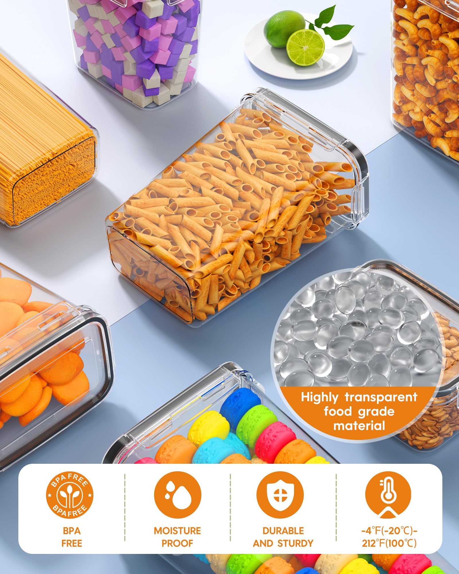 KEMETHY airtight lids with four latches protect against moisture and preserve freshness