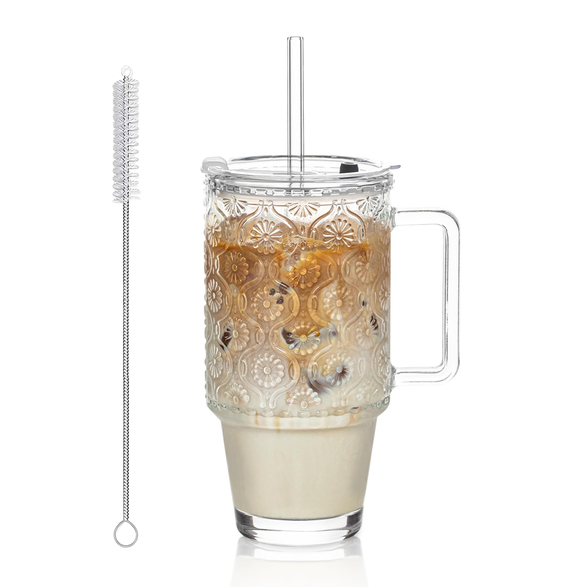 KEMORELA 24oz ribbed glass tumbler with lid and straw for stylish iced drinks.